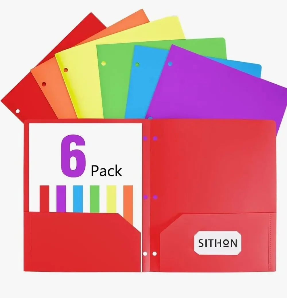 6 Pack 2-Pocket Folder for 3-Ring Binders Tear Resistant 8.5x11in Letter School